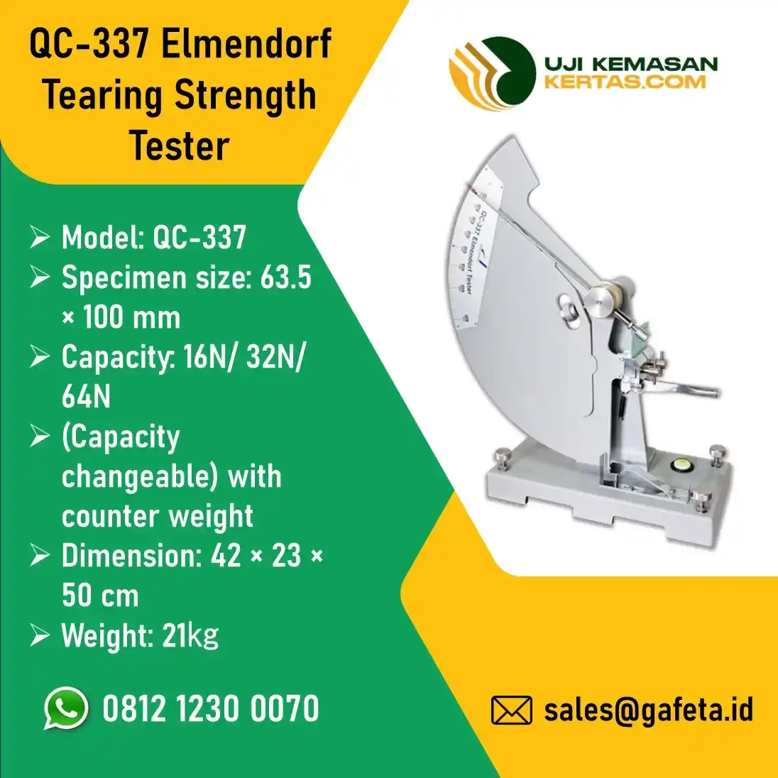 Jual QC-337 Elmendorf Tear Strength Tester untuk Uji Sobek Kertas